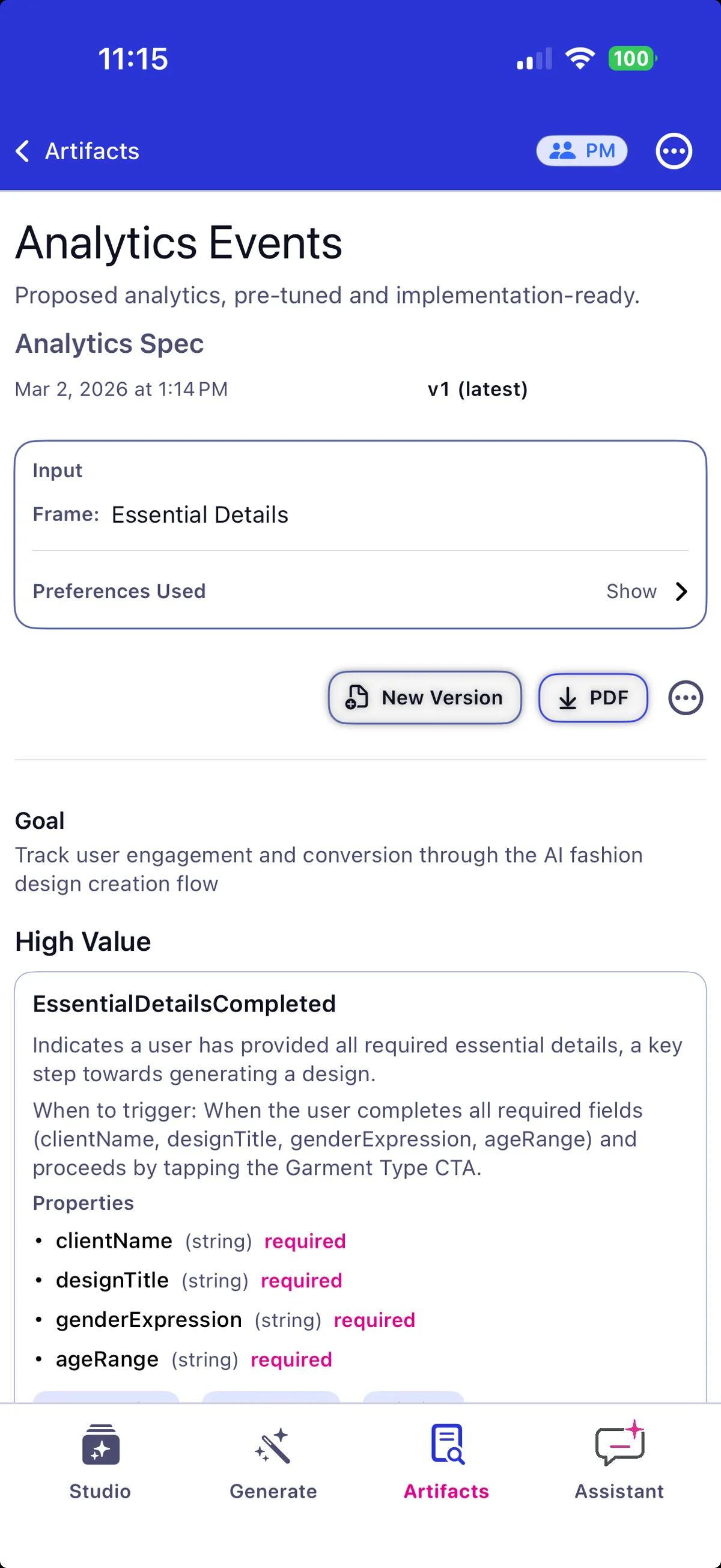 Analytics spec artifact